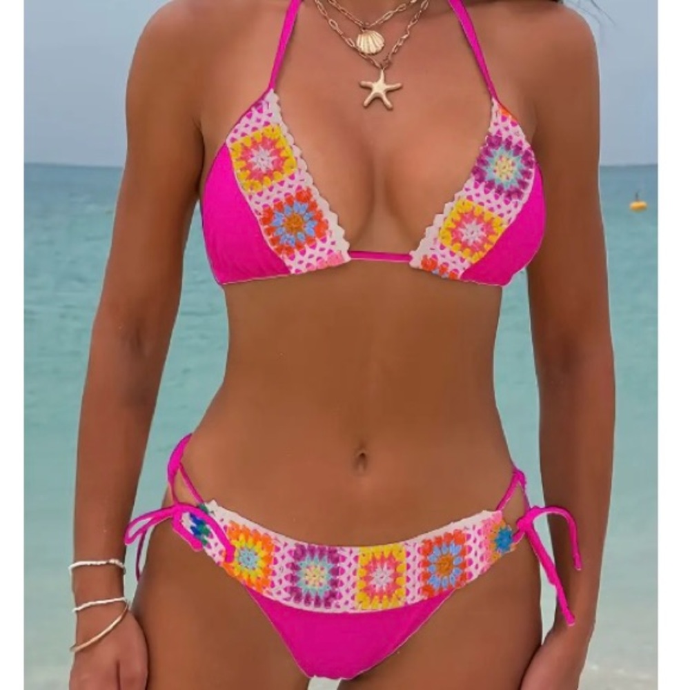 Bright‎ Pink Crochet Trim Side Tie Bikini- New